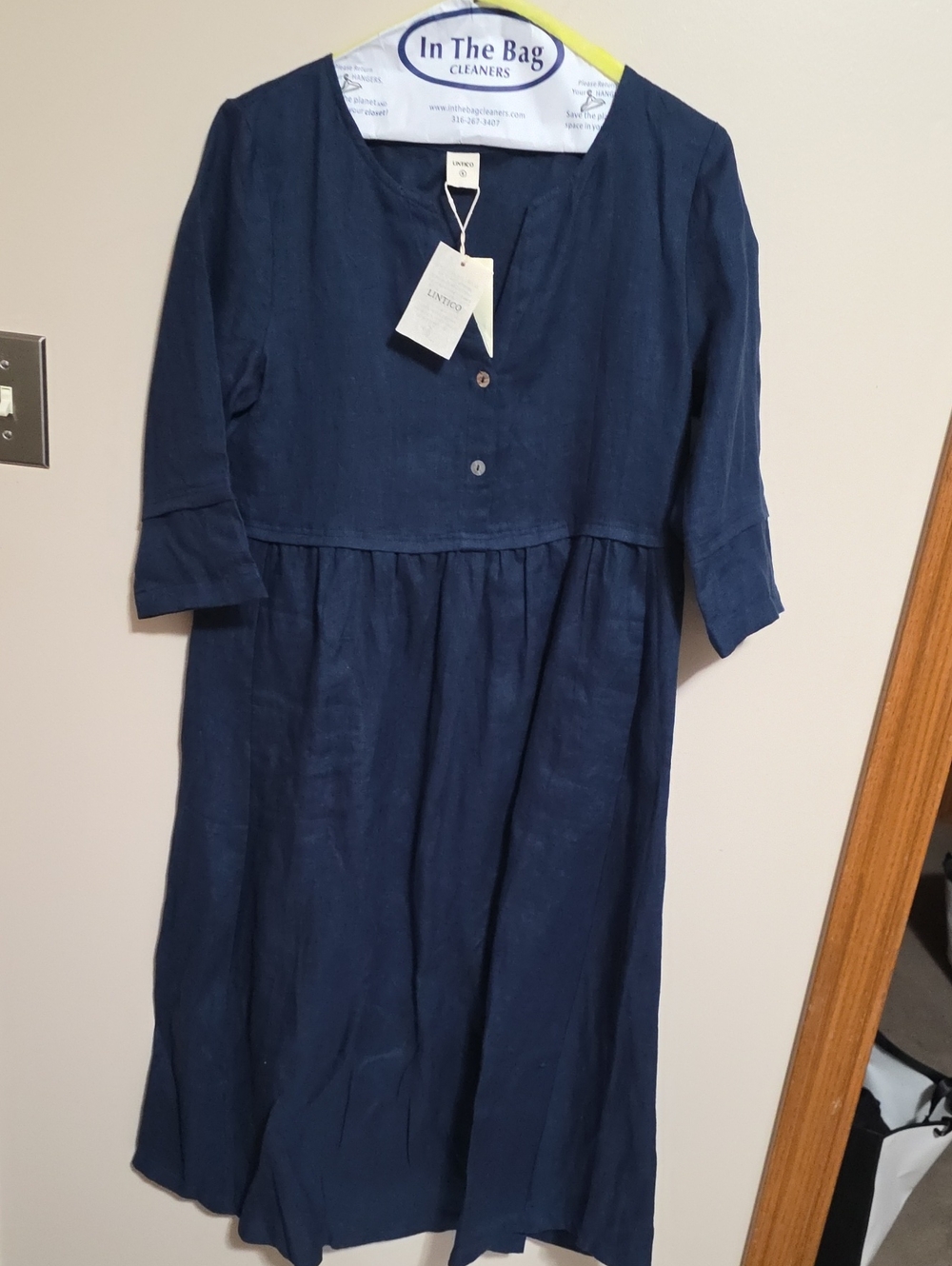 Relaxed Navy Linen Midi Dress with Button Front